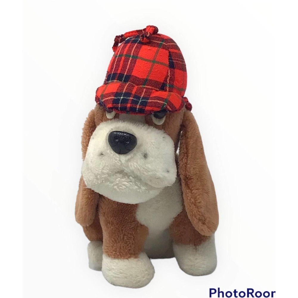 Dakin Shylock Basset Hound 11" Plush Vintage 1978 Plaid Hat Stuffed Animal Toy